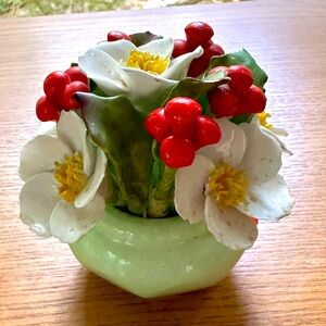 Vintage Signed Denton Best Bone China Holly Blossom & Berries Posy in Green Bowl